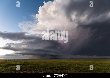 Supercell thunderstorm with lightning near Kim, Colorado Stock Photo