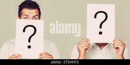 Man with question mark. Male incognita. Man a question, anonymous, incognita. Paper notes with question marks Stock Photo