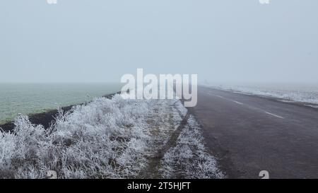 Winter morning. Fog drifts over trees covered in white frost. A good asphalt road leads into the distance and disappears into the fog. Stock Photo