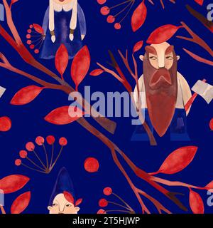 Autumn gnomes. Watercolor seamless pattern for fabrics, home textiles, clothes and wrapping paper. Fairytale vintage style. Dark blue background. Stock Photo