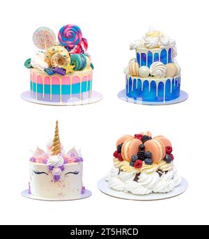 Assorted cakes isolated on white background, png. Unicorn, pavlova, layered, blue, pink and purple cakes with fresh berries and sweets Stock Photo