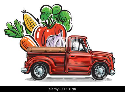 Retro red truck with fresh organic vegetables. Delivery of natural healthy food from the farm. Vector illustration Stock Vector