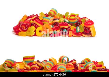 Assorted colorful gummy candies. Top view. Jelly donuts. Jelly bears. Isolated on a white background. Stock Photo