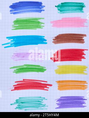 Hatching with multi-colored felt-tip pens on a sheet of checkered paper ...