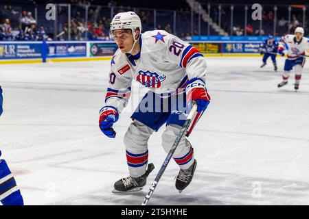 Rochester, New York, USA. 1st Nov, 2023. Rochester Americans forward Olivier Nadeau (20) skates in the second period against the Syracuse Crunch. The Rochester Americans hosted the Syracuse Crunch in an American Hockey League game at Blue Cross Arena in Rochester, New York. (Jonathan Tenca/CSM). Credit: csm/Alamy Live News Stock Photo