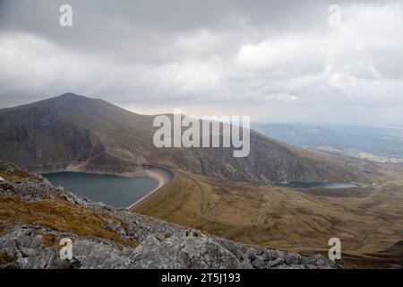 Looking down from near the summit of carnedd Y Filiast onto Llyn Marchlyn Mawr the upper reservoir of the Dinorwig Hydro Electric pump storage station Stock Photo