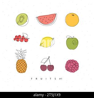 Fruits icons kiwi, watermelon, orange, currant, lemon, apple, pineapple, cherry, raspberries drawing with color in linear style on white background Stock Vector