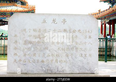 BEIJING - MAY 23: five dragon pavilions text introduction in the Beihai Park，on may 23, 2014, Beijing, China Stock Photo