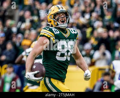 Green Bay, United States. 05th Nov, 2023. Green Bay Packers tight end Luke Musgrave reacts as he scores a touchdown during the NFL game between the Los Angeles Rams and the Green Bay Packers at Lambeau Field on Sunday, November 05, 2023. Photo by Tannen Maury/UPI Credit: UPI/Alamy Live News Stock Photo