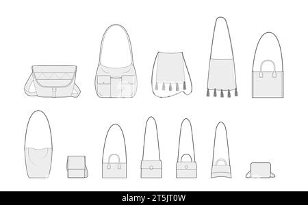 Set of Cross-Body Bags silhouette. Fashion accessory technical illustration. Vector satchel front 3-4 view for Men, women, unisex style, flat handbag CAD mockup sketch outline isolated Stock Vector