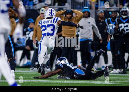 Charlotte, NC, USA. 5th Nov, 2023. Indianapolis Colts cornerback Kenny Moore II (23) gets away from Carolina Panthers wide receiver Jonathan Mingo (15) after the interception in the fourth quarter of the NFL matchup in Charlotte, NC. (Scott Kinser/Cal Sport Media) (Credit Image: © Scott Kinser/Cal Sport Media). Credit: csm/Alamy Live News Stock Photo