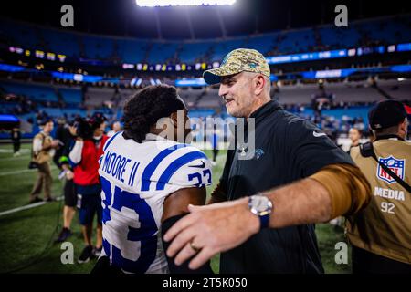 Charlotte, NC, USA. 5th Nov, 2023. Indianapolis Colts cornerback Kenny Moore II (23) gets a hug from Carolina Panthers Head Coach Frank Reich after the NFL matchup in Charlotte, NC. (Scott Kinser/Cal Sport Media). Credit: csm/Alamy Live News Stock Photo