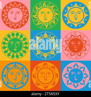 Sun with face abstract ornamental cartoon set. Ethnic boho style sunny smiling faces. Funny smiling suns various emotions cute icon. Warm sunshine shining beams. Cheerful vector isolated illustration Stock Vector
