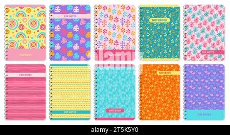 Trendy diary covers set. Notebook abstract and floral doodle ornament. Grungy design page template for planner, textbook book, daily planner or copybook organizer. Vector clipart isolated illustration Stock Vector