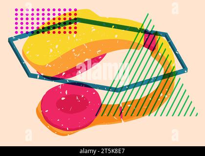 Risograph Headset with geometric shapes. Audio speaker, objects in trendy riso graph print texture style design with geometry elements. Stock Vector