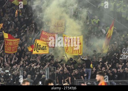 Rome, Italy. 05th Nov, 2023. Supporters of U.S. Lecce during the 11th day of the Serie A Championship between A.S. Roma vs U.S. Lecce on 5 November, 2023 at the Olympic Stadium in Rome, Italy. Credit: Independent Photo Agency/Alamy Live News Stock Photo