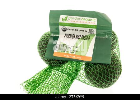 Winneconne, WI - 5 October 2023:  A package garden organic avocados indyfruit on an isolated background Stock Photo