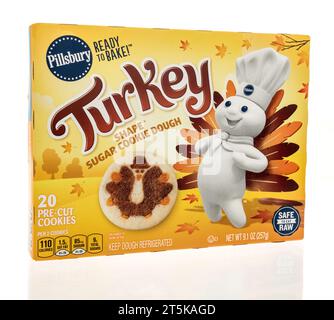 Winneconne, WI - 8 October 2023:  A package of Pillsbury turkey cut out sugar cookie dow cookies on an isolated background Stock Photo