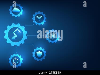 Industry 4.0 business technology is a fully automated industry and uses artificial intelligence. The mechanical arms connected to the icons inside the Stock Vector
