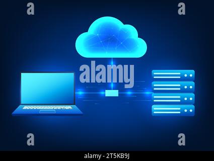 Cloud technology that connects computers and servers It means transferring important data to a system that stores work files and can be retrieved and Stock Vector