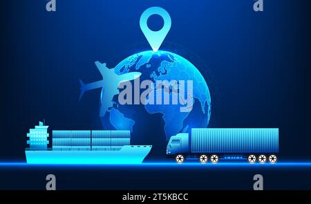 Transportation and logistics business technology Worldwide shipping By using technology and artificial intelligence to tell the location and help mana Stock Vector