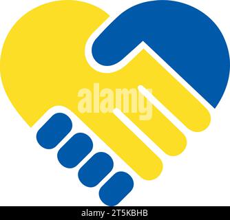 Flat icon of handshake of two hands in the colors of the Ukrainian flag as a concept of love or sympathy Stock Vector