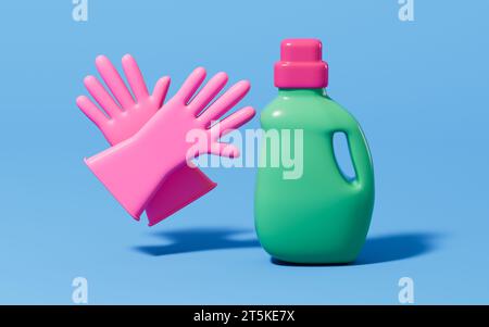 Cartoon rubber gloves and laundry detergent in the blue background, 3d rendering. 3D illustration. Stock Photo