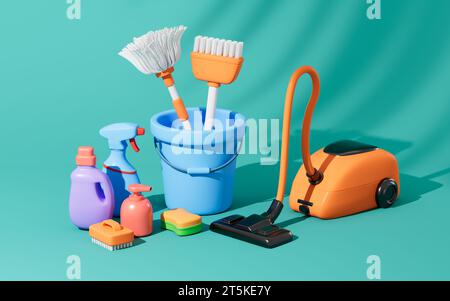 Cartoon mop,broom ,dustpan , detergent and vacuum cleaner in the blue background, 3d rendering. 3D illustration. Stock Photo