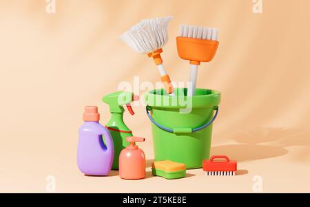 Cartoon mop,broom ,dustpan and detergent in the yellow background, 3d rendering. 3D illustration. Stock Photo