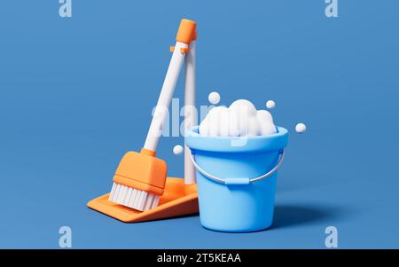 Cartoon broom and pail in the blue background, 3d rendering. 3D illustration. Stock Photo