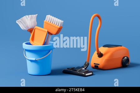 Cartoon mop,broom ,dustpan in the blue background, 3d rendering.3D illustration. Stock Photo