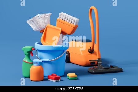 Cartoon mop,broom ,dustpan , detergent and vacuum cleaner in the blue background, 3d rendering. 3D illustration. Stock Photo