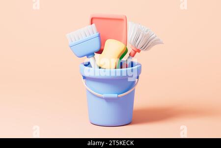 Cartoon mop, broom, sponge and dustpan in the pail, 3d rendering. 3D illustration. Stock Photo