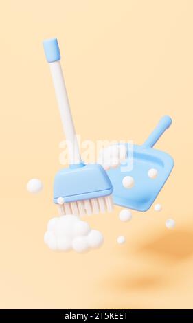 Cartoon broom and dustpan, 3d rendering. 3D illustration. Stock Photo