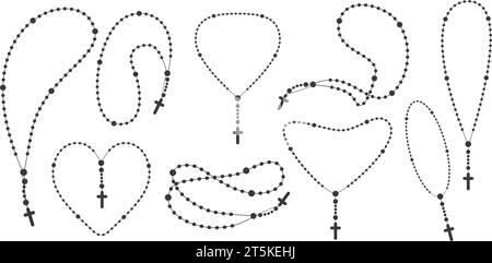 Rosary beads silhouettes set. Prayer heart shaped jewelry for meditation. Catholic chaplet with a cross. Religion symbol. Vector illustration. Stock Vector