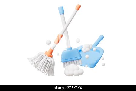 Cartoon mop and broom in the yellow background, 3d rendering. 3D illustration. Stock Photo