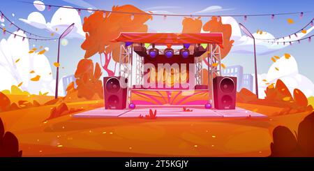 Concert stage at music festival in autumn park. Vector cartoon illustration of platform with spotlights and loudspeakers ready for performance, yellow leaves from trees flying in air, city background Stock Vector