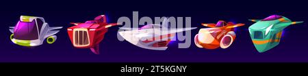 Fantasy spaceship for video game assets. Cartoon vector illustration set of alien cosmic starship with childish design. Flying futuristic or ufo shuttle for space travelling and planets exploration. Stock Vector