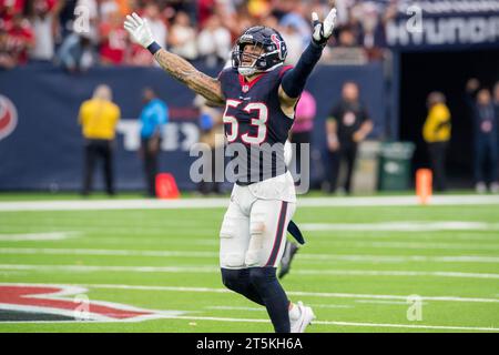 Houston, TX, USA. 5th Nov, 2023. Houston Texans linebacker Blake Cashman (53) celebrates a victory after a game between the Tampa Bay Buccaneers and the Houston Texans in Houston, TX. Trask Smith/CSM/Alamy Live News Stock Photo