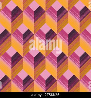 Abstract Geometric Seamless Pattern of Textured Squares and Chevrons in Yellow, Pink, Purple, Magenta and Mustard Colors. Fashionable Bright Regular Design for Wallpapers, Wrappings, Products  Stock Vector