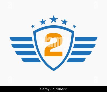 Initial Wing Logo On Letter 2 For Transportation Logo With Star Symbol Stock Vector