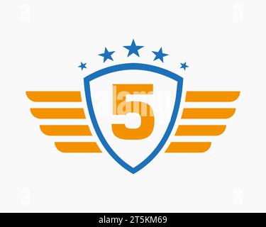 Initial Wing Logo On Letter 5 For Transportation Logo With Star Symbol Stock Vector