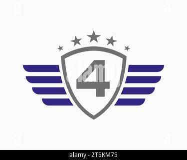 Initial Wing Logo On Letter 4 For Transportation Logo With Star Symbol Stock Vector