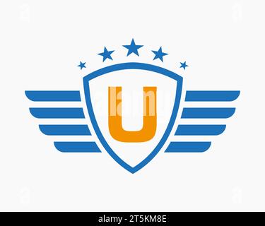 Initial Wing Logo On Letter U For Transportation Logo With Star Symbol Stock Vector