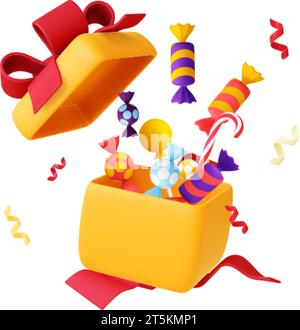 Box 3d with candies and lollipops. Gift with bow and ribbon with sweet. Isolated realistic sweets present for children, candy firework vector element Stock Vector