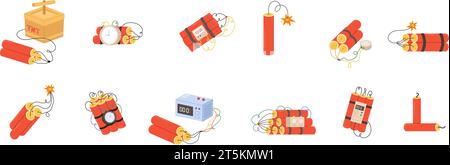 Tnt dynamite clipart. Isolated dynamite icons, explosive tools and bombs. Weapon collection, timer clock on red bomb, snugly vector cartoon set Stock Vector