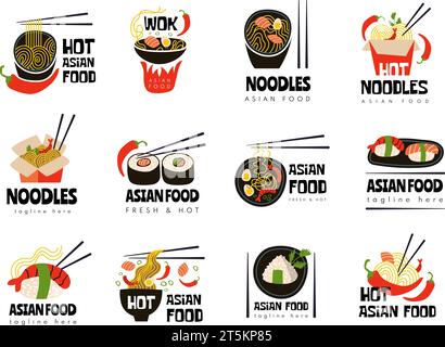 Asian badges. Kitchen logos with national asian products noodles wok ramen and fishes sushi recent vector set Stock Vector