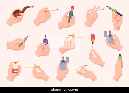 Cigarettes. Male and female hands holding tobacco products exact vector vape and e cigarettes cartoon illustrations Stock Vector