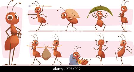 Cartoon ants. Mascot bugs running jumping standing exact vector ants in action poses Stock Vector