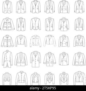 Man jackets. Outerwear clothes fashioned hood long sleeves with pockets recent vector jackets in linear style for textile design projects Stock Vector